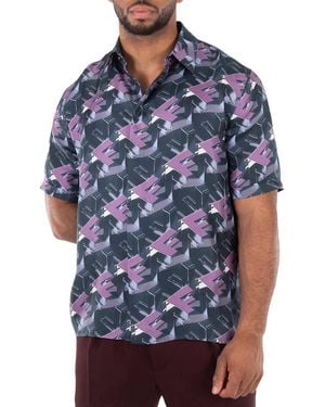 Fendi Ff Motif Italian-Style Silk Shirt, Brand Size 40 (Neck Size 16" - Blue