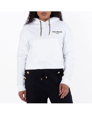 Balmain Cropped Cotton Flock Hoodie - White
