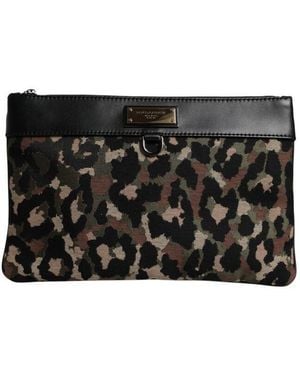Dolce & Gabbana Dolce & Gabbana Leopard Jacquard Print Logo Plaque Pouch Bag - Black