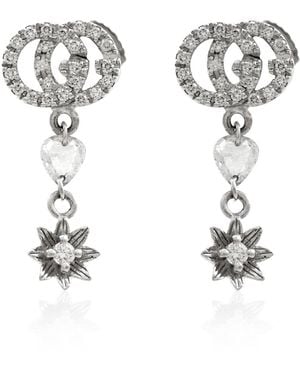 Gucci Ladies Flower And Double G Earrings With Diamonds - Metallic