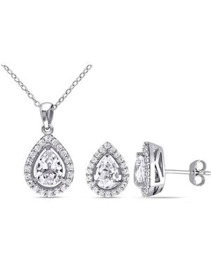 Amour 4 7/8 Ct Tgw Created Sapphire Teardrop Halo Pendant With Chain And Stud Earrings 2-Piece Set - White