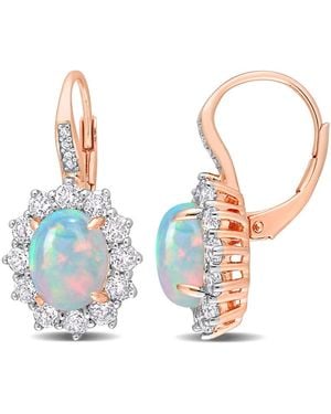 Amour 1 3/4 Ct Tgw Oval Shape Ethiopian Opal And Topaz And Diamond Accent Halo Leverback Earrings - Blue