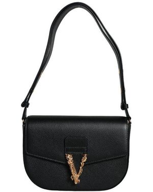 Versace Grainy Calf Leather Logo Crossbody Shoulder Bag - Black