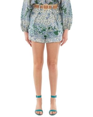 Zimmermann Ottie Paisley Print Belted Linen Shorts - Blue