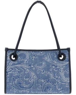 Etro Embroidered Denim Small Eyes Shopping Bag Fantasiaazzurro Borse A Mano - Blue