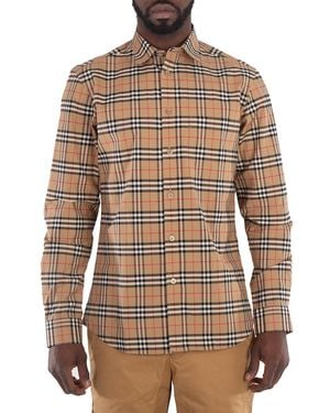 Burberry Small Scale Check Stretch Cotton Long-Sleeve Shirt - Brown