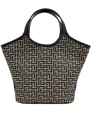 Balmain Monogram Jacquard Leather Top Handle Bag - Black