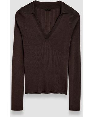 JOSEPH Satiny Rib Knit Polo Top - Brown
