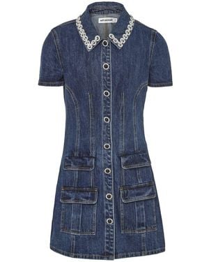 Self-Portrait Denim Crystal Trim Collared Mini Dress - Blue