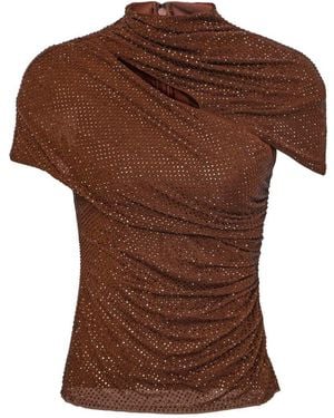 Self-Portrait Rhinestone Mesh Cut Out Top - Brown