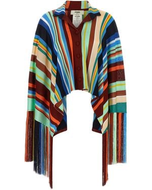 Fendi Gestreifter Poncho Mit Fransen - Blau