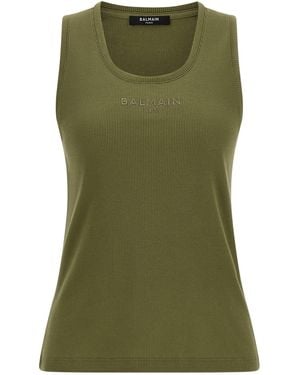Balmain Logo Embroidery Tank Top - Green