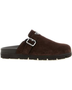 Prada Enamelled Triangle Logo Sabots - Brown