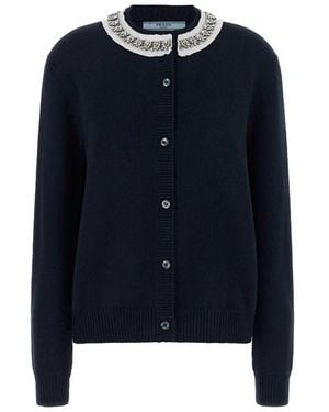Prada Cardigan Colletto Gioiello - Blu