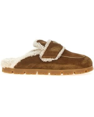 Prada Sheepskin Lined Suede Sabots - Brown