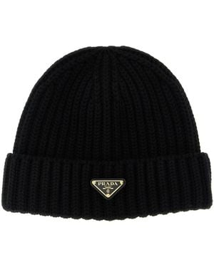 Prada Logo Triangle Beanie - Black