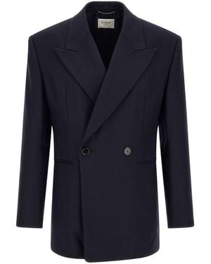 Saint Laurent Blazer Gabardine Di Lana Feltrata - Blu