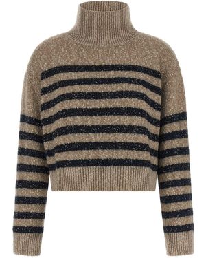 Brunello Cucinelli Wool Cashmere Striped High Neck Cropped Jumper - Grey