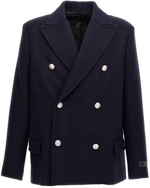 Balmain Double-breasted Coat With Logo Buttons - Blue