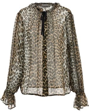 Ganni 'leopard Print Chiffon Tie String' Shirt - Multicolour