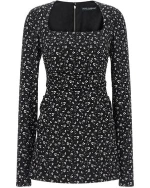 Dolce & Gabbana Floral Print Stretch Silk Mini Dress - Black