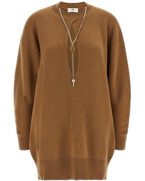 Elisabetta Franchi Knit Dress With-Tone Chain Detail - Brown