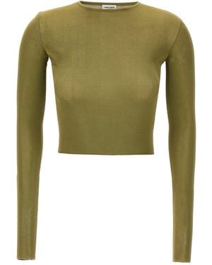 Saint Laurent Viscose Knit Long-Sleeve Crop Top - Green