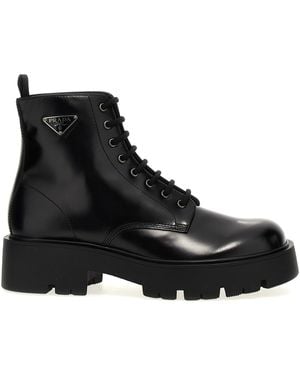 Prada Brushed Leather Lace-Up Ankle Boots - Black