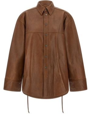 Haikure Leather Overshirt With Drawstring Waist - Brown