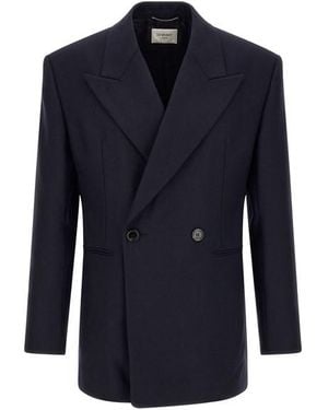 Saint Laurent Blazer Gabardine Di Lana Feltrata - Blu