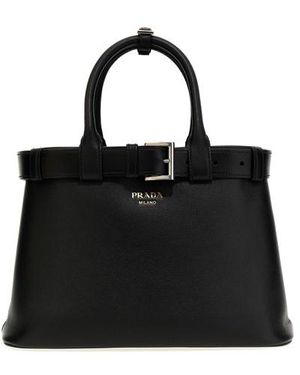 トートバッグ PRADA Black leather medium Prada Buckle handbag Black Prada Buckle medium leather handbag with double belt