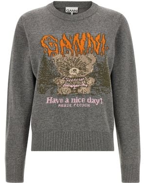 Ganni Maglione Con Intarsio Frontale - Grigio