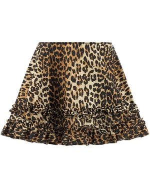 Ganni 'leopard Duchesse Nylon Mini Frill' Skirt - Natural