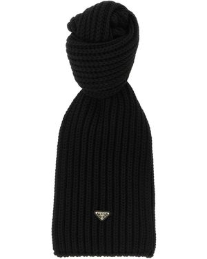Prada Ribbed Wool Scarf With Logo - Black