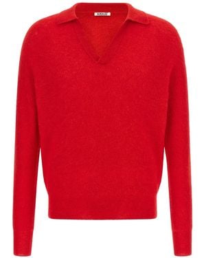 AURALEE Baby Suri Alpaca Sheer Knit Polo - Red