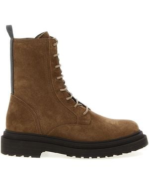 Brunello Cucinelli Suede Combat Boots Monile - Brown