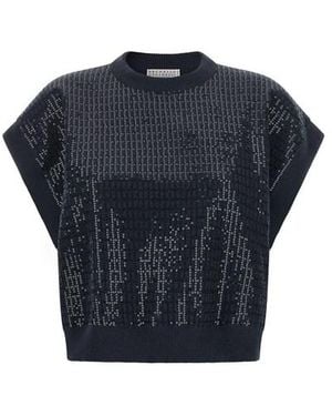 Brunello Cucinelli Maglia Con Ricamo Paillettes - Blu