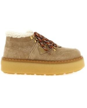 Prada Stivaletti Stringati Con Shearling - Marrone