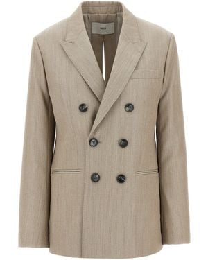 Ami Paris Maxi Split Double-Breasted Wool Blazer - Natural