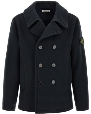 Stone Island Zweireihiger Mantel Mit Logoabzeichen - Blau