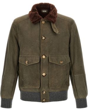 Brunello Cucinelli Waxed Shearling Bomber Jacket - Green