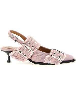 Ganni Slingback Court Shoes With Fringed Denim - Pink