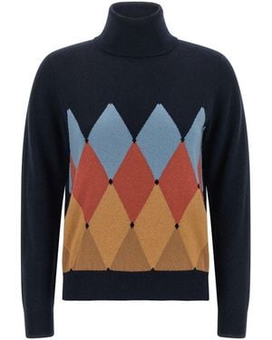 Ballantyne Geometric Intarsia 'T-Neck Diamond' Jumper - Blue