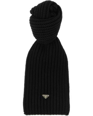 Prada Virgin Wool Rib-Knit Scarf With Enamel Triangle Logo - Black