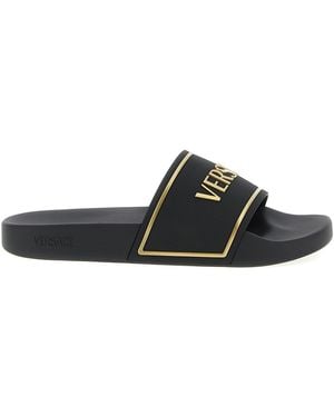 Versace Slide Sandals With Embossed Logo - Black