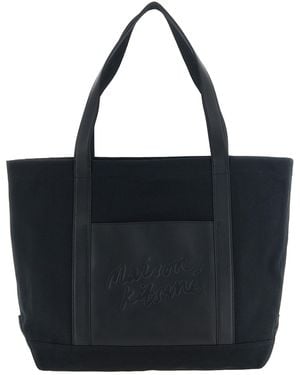 Maison Kitsuné Große Einkaufstasche Aus Canvas Und Leder - Schwarz