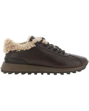 Brunello Cucinelli Dark Leather And Shearling Trainer - Brown