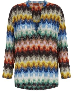 Missoni Oversized Lamé Viscose Blend Lace Blouse With Deep V-Neckline - Grey