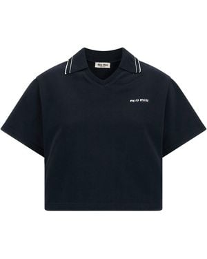 Miu Miu Cropped Sweatshirt With Contrasting Collar - Blue