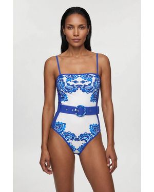 Karen Millen Paisley Print Belted Bandeau Swimsuit - Blue